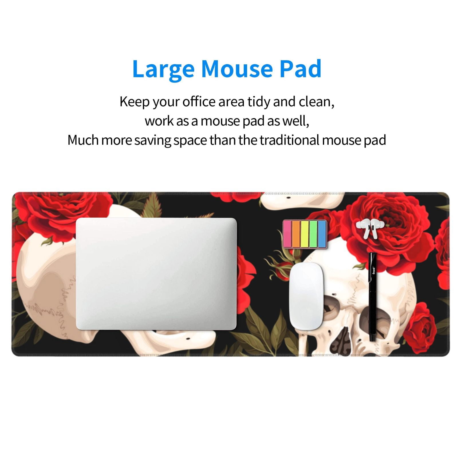 Skulls Red Roses Raven Mouse Pad Extended Large Gaming Mousepad Non-Slip Rubber Big Keyboard Desk Mat 31.5 X 11.8 Inch