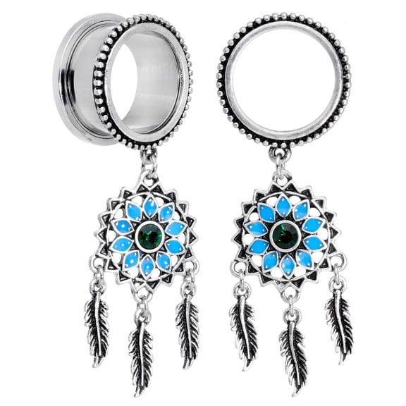 Body Candy 2Pc Steel 3/4" Double Flare Screw Fit Tunnel Plug Feather Dreamcatcher Ear Plug Gauges Set of 2