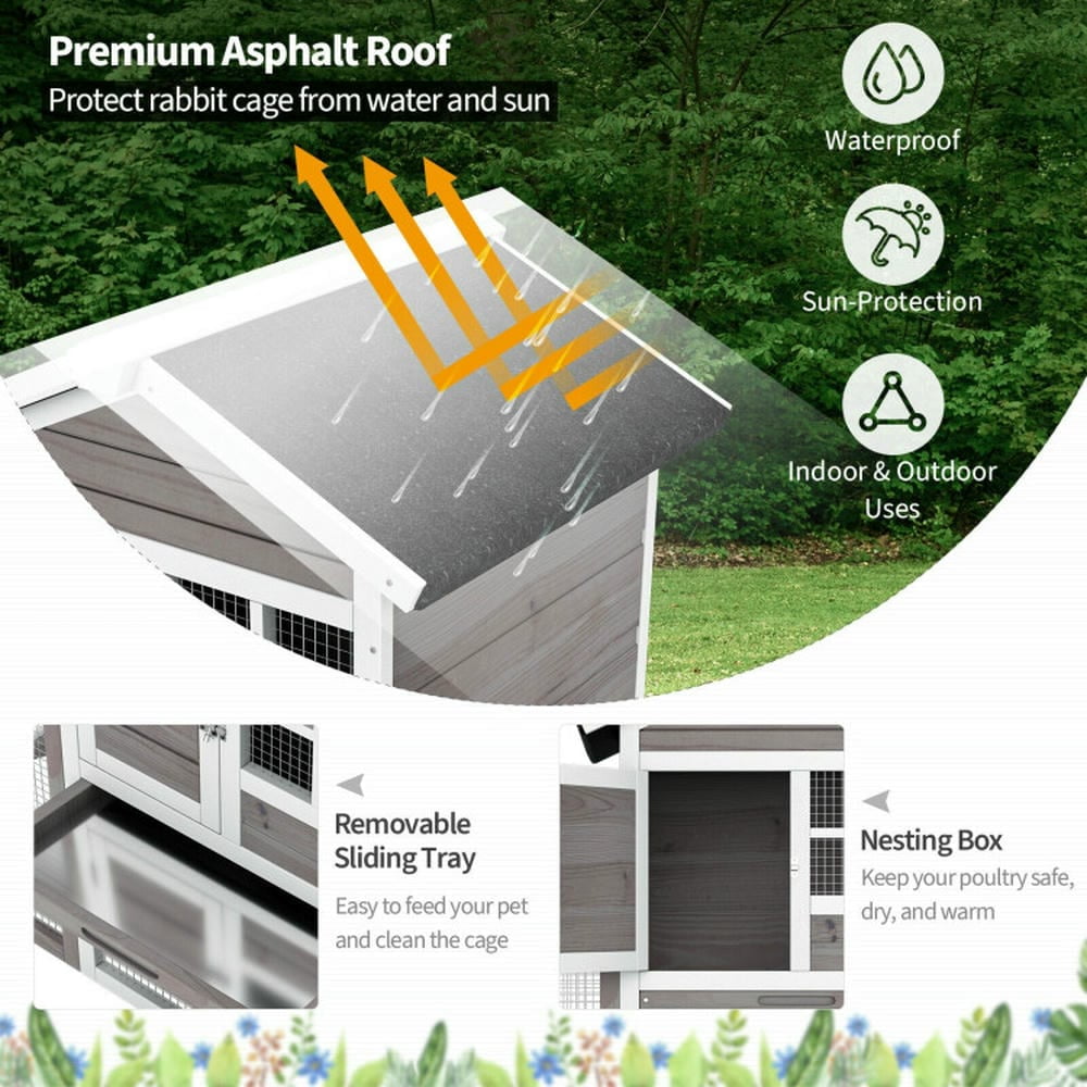 Spaco 2-Story Wooden Rabbit Hutch with Running Area-Gray,Wooden Outdoor Shelter, Weatherproof Pet Home, Ideal for Cats, Rabbits, Bunnies, Guinea Pigs
