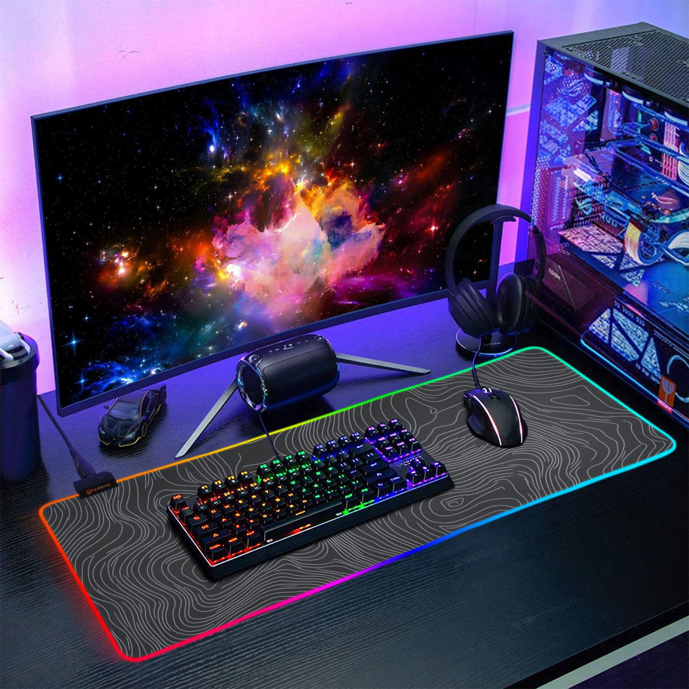 Large RGB Gaming Mouse Pad Led Glowing Mousepad Non-Slip Rubber Base 13 Light Modes 31.5x11.8 Topographic Line