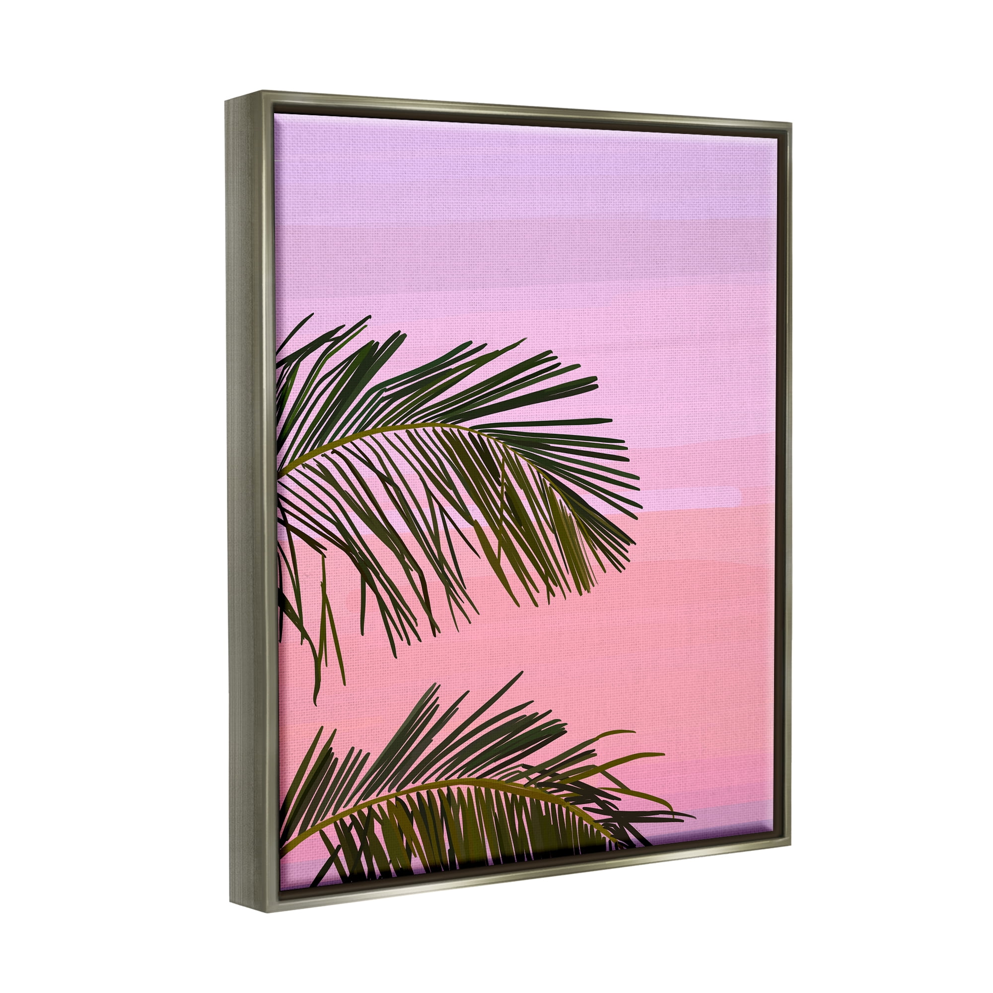 Stupell Industries Pink & Purple Sunset Palm Leaves Coastal Painting Gray Floater Framed Art Print Wall Art