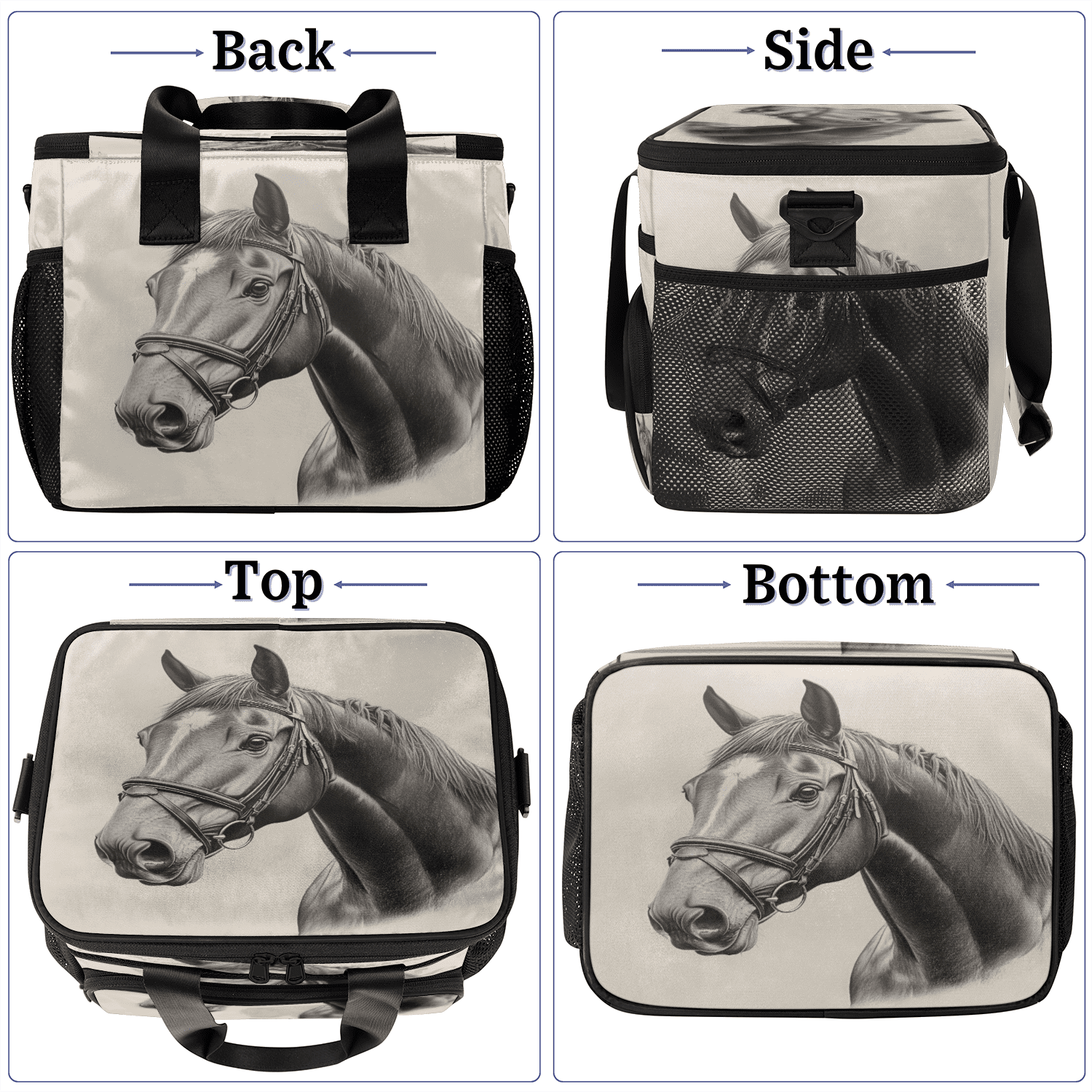 Herdesigns Horse Print Large Lunch Box for Adults Women Men with Adjustable Shoulder Strap, Insulated Reusable Lunch Bag Leakproof Cooler Tote Bag