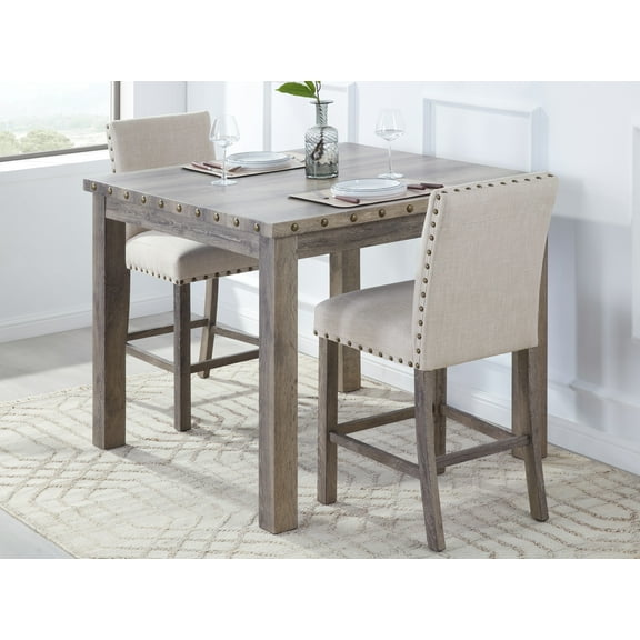 Vintage 3-Piece Rural Log Wood Counter Height Dining Room Set Bar Table and Chair Set-Fortmok