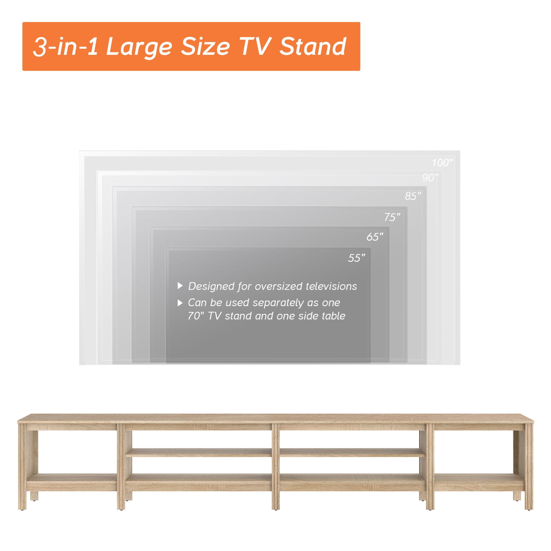 Fitueyes 118" Mid-Century Modern TV Stand for 85-100" TVs, Home Entertainment Center with Open Shelves for Living Room, Oak
