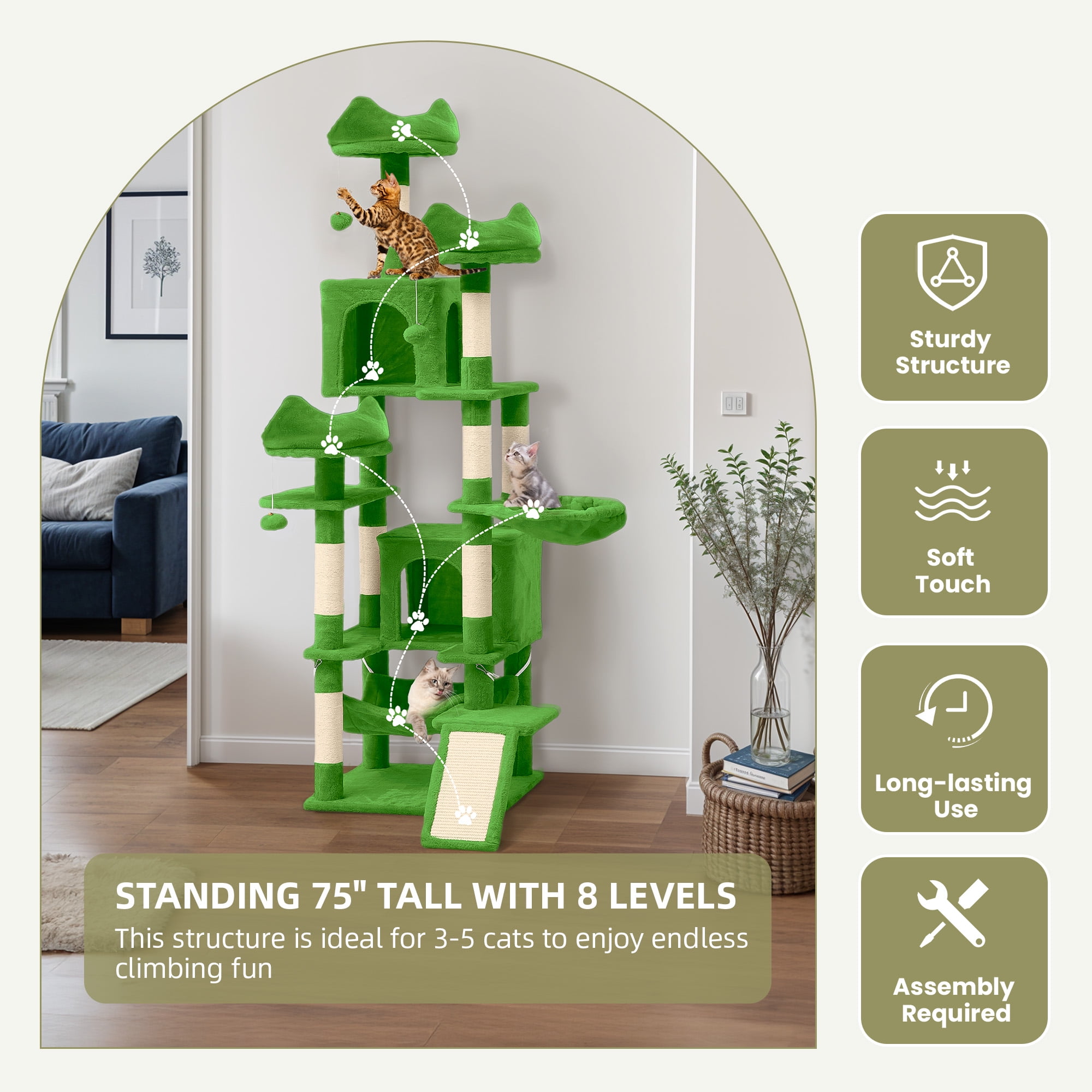 Uforic 75in Large Cat Tree Tower, Multi-Level Cat Condo with Scratch Posts, Cozy Basket Hammocks, Top Perches, Sisal Ramp, Green
