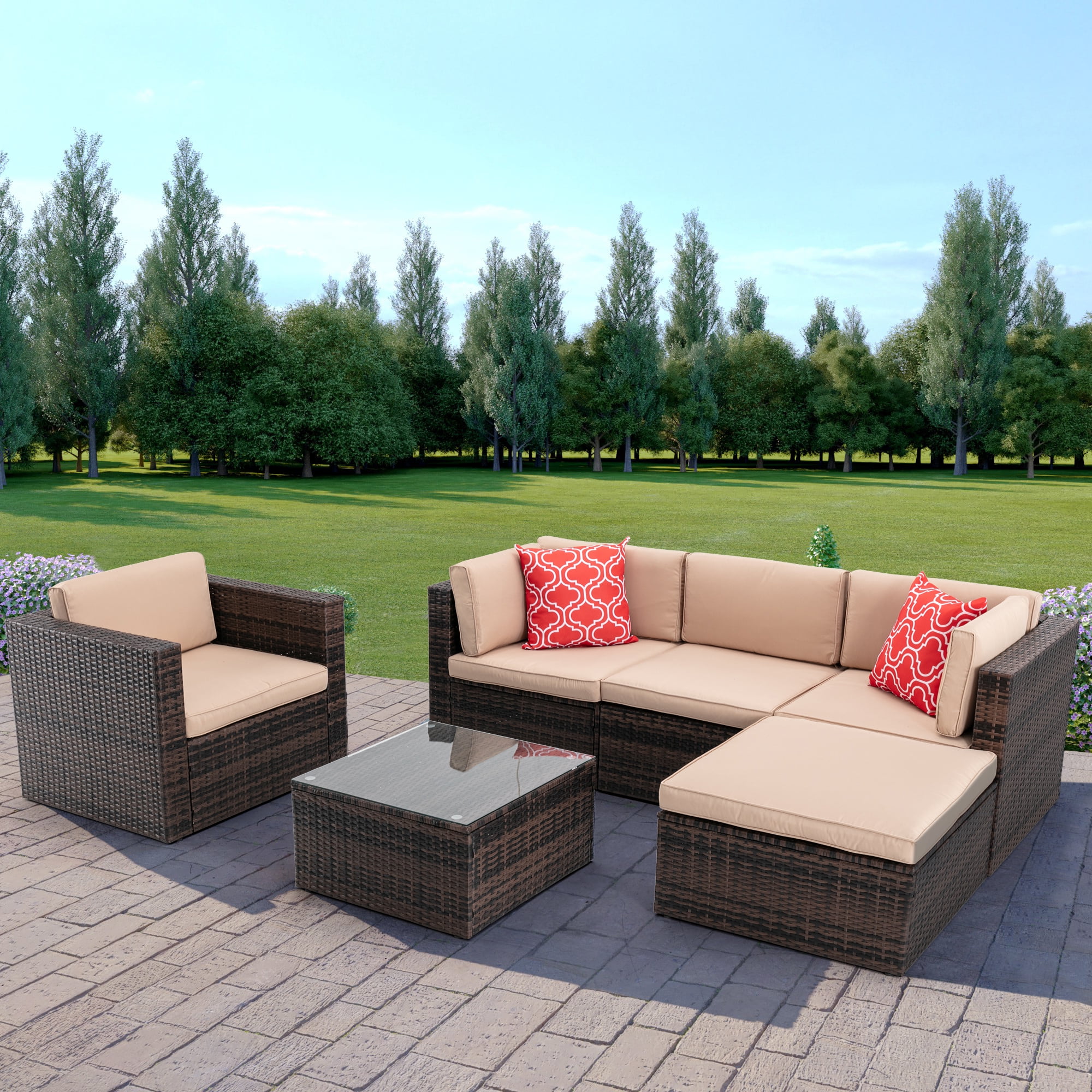 Highsound 6 PCS Patio Furniture Set, PE Rattan Wicker Sectional Outdoor