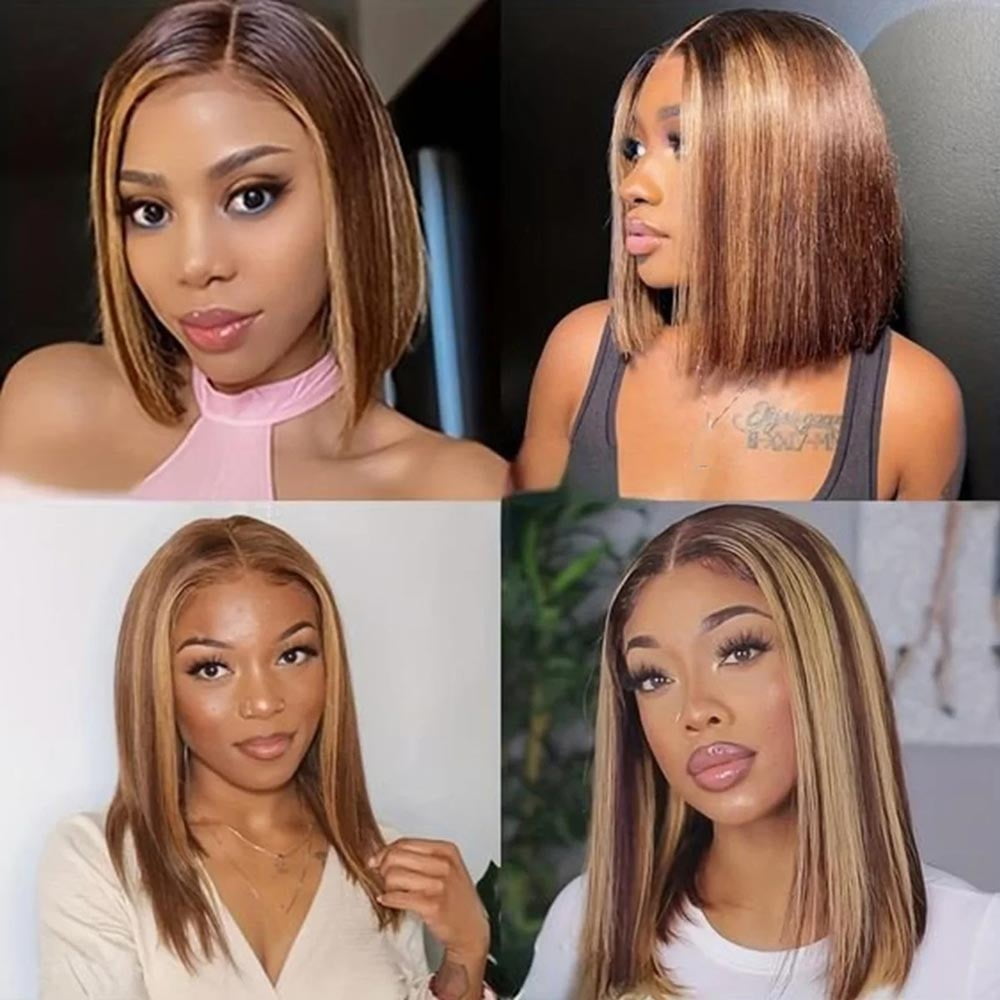180 Density Highlight Short Bob Human Hair Wig 4×4 Lace Frontal Wig for Black Women Pre Plucked Indian Hair Straight Wig