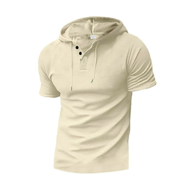 Camisas de Manga Corta de los Hombres Delgada con Cordón Botón Arriba con Capucha, Blusa de Poliéster Transpirable para Diario