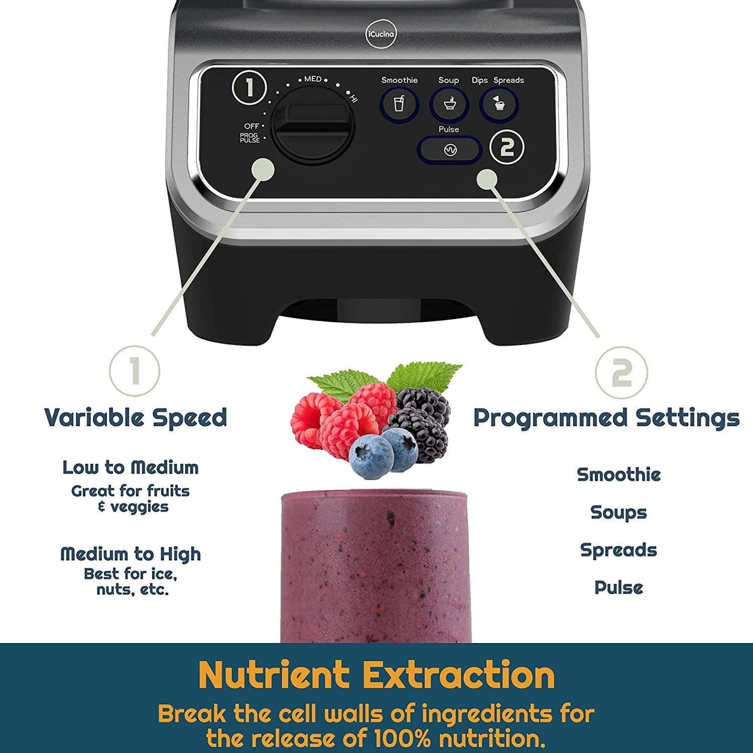 iCucina Commercial High Speed Blender, 64 oz, Professional Smoothie Blender For Frozen Fruit, Ice Crushing Mixer, Soup Maker, Licuadora