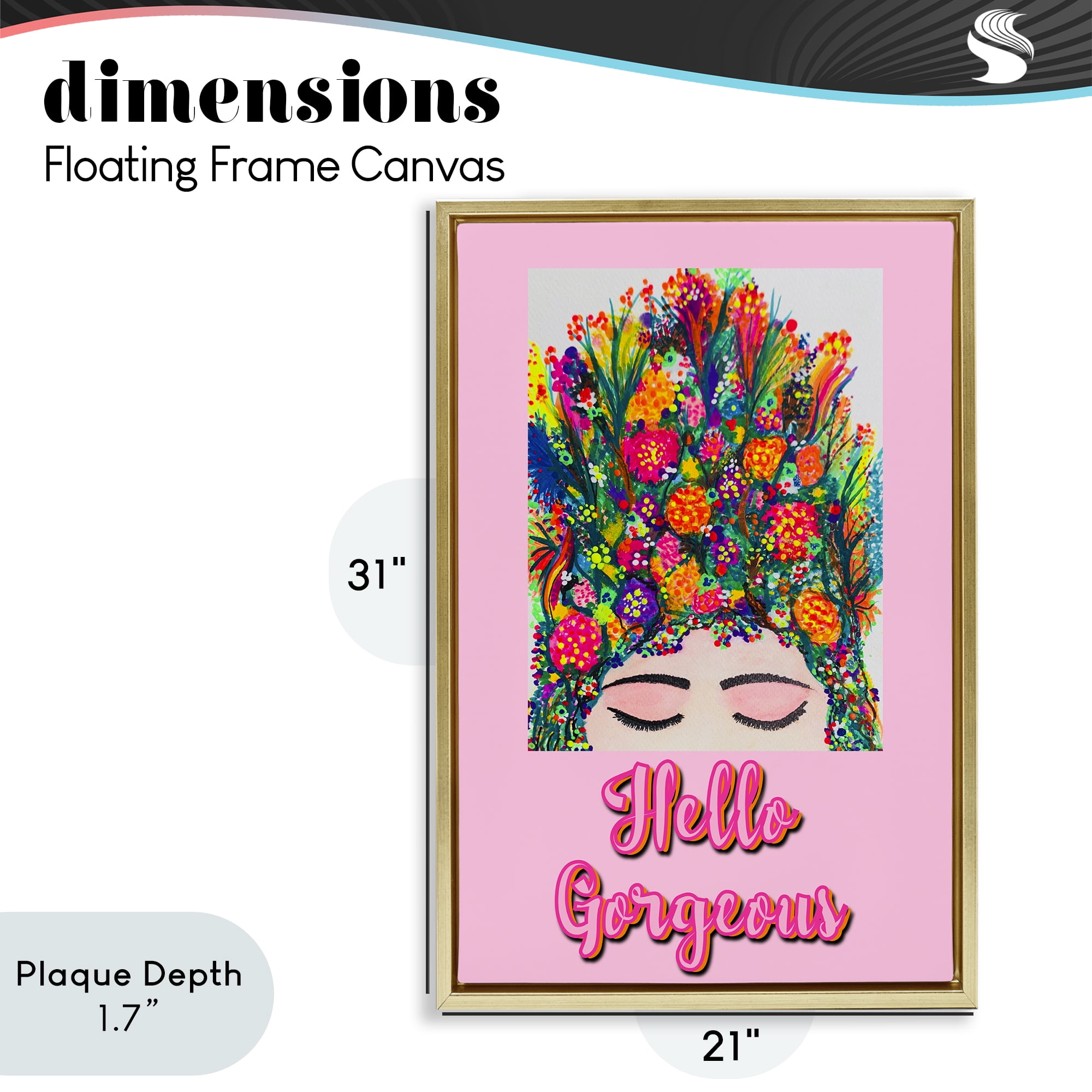Stupell Industries Hello Gorgeous Floral Woman Gold Framed Floater Canvas Wall Art, design by Pooja Dave