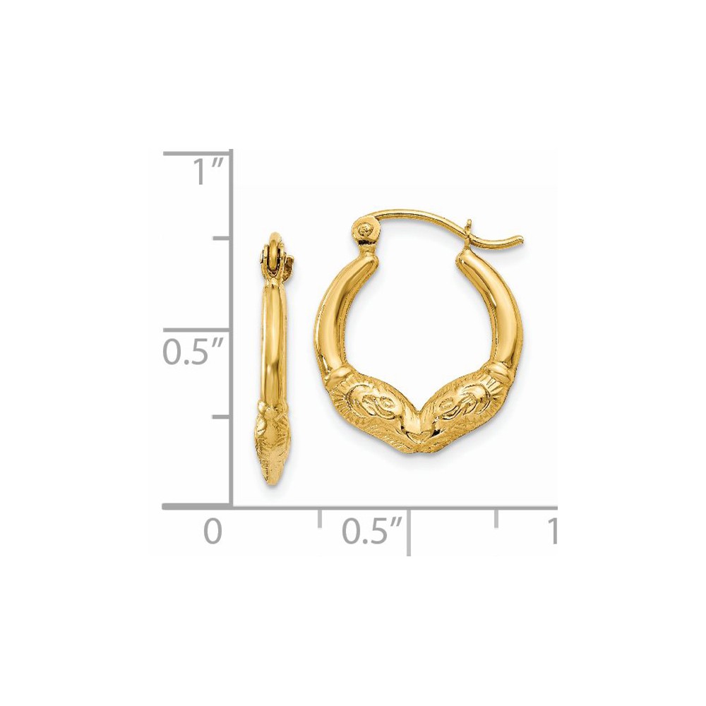 Real 14kt Yellow Gold Ram Head Hoop Earrings; for Adults and Teens; for Women and Men