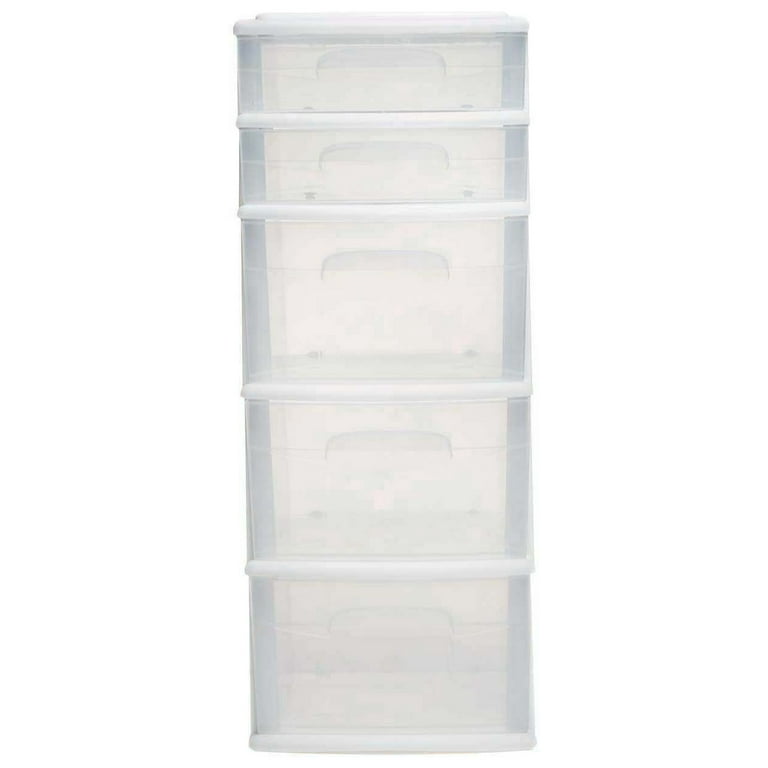 Homz Clear Plastic 4 Drawer Medium Home Organization Storage Container  Tower w/2 Large and 2 Small Drawers, and Removeable Caster Wheels, White  Frame