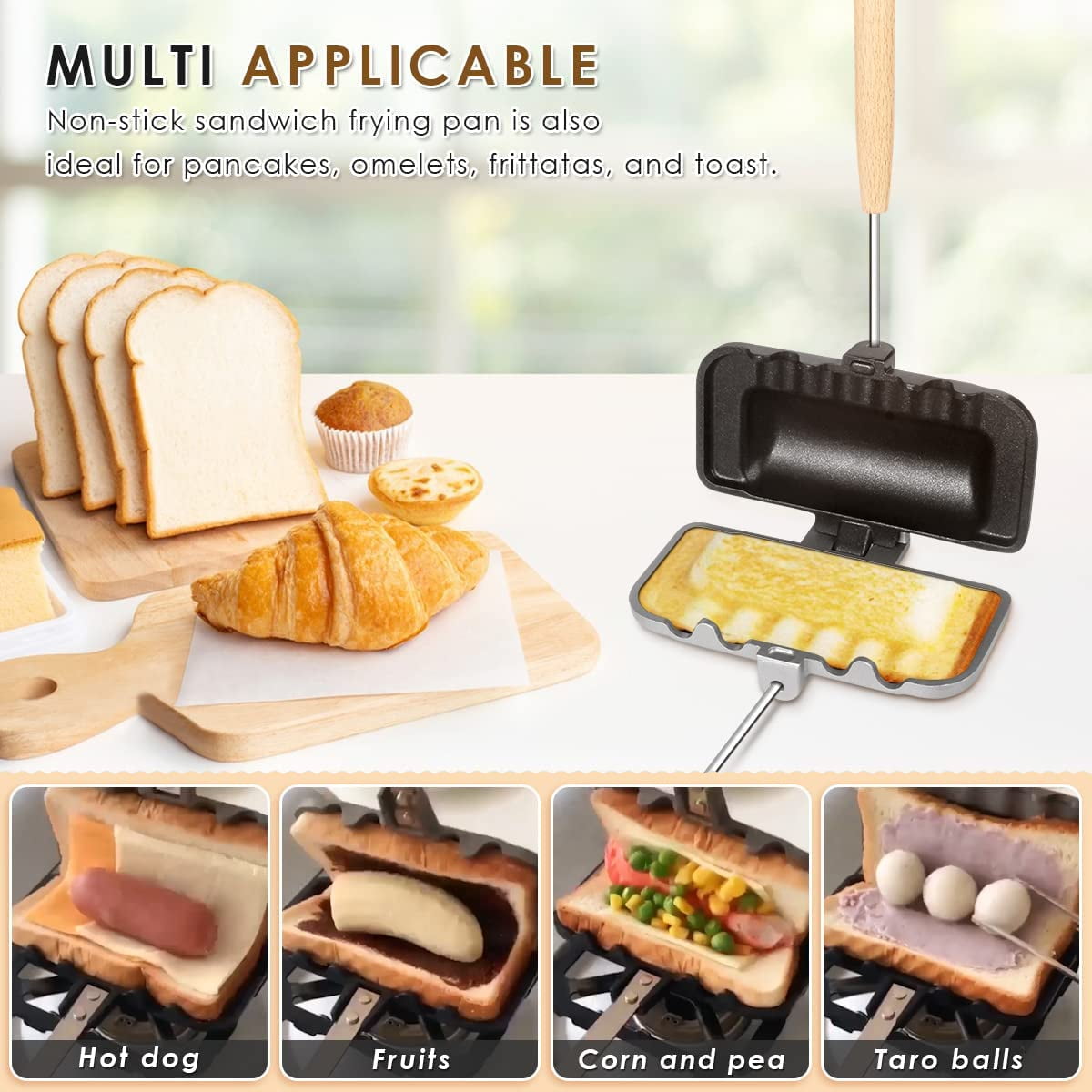 Hot Sandwich Maker, Hot Dog Toaster, Double-Sided Sandwich Baking Pan, Double Sided Frying Pan, Grilled Cheese Maker Nonstick Sandwich Maker Flip Grill Pan for Breakfast Pancakes, Toast, OmeletsBlack