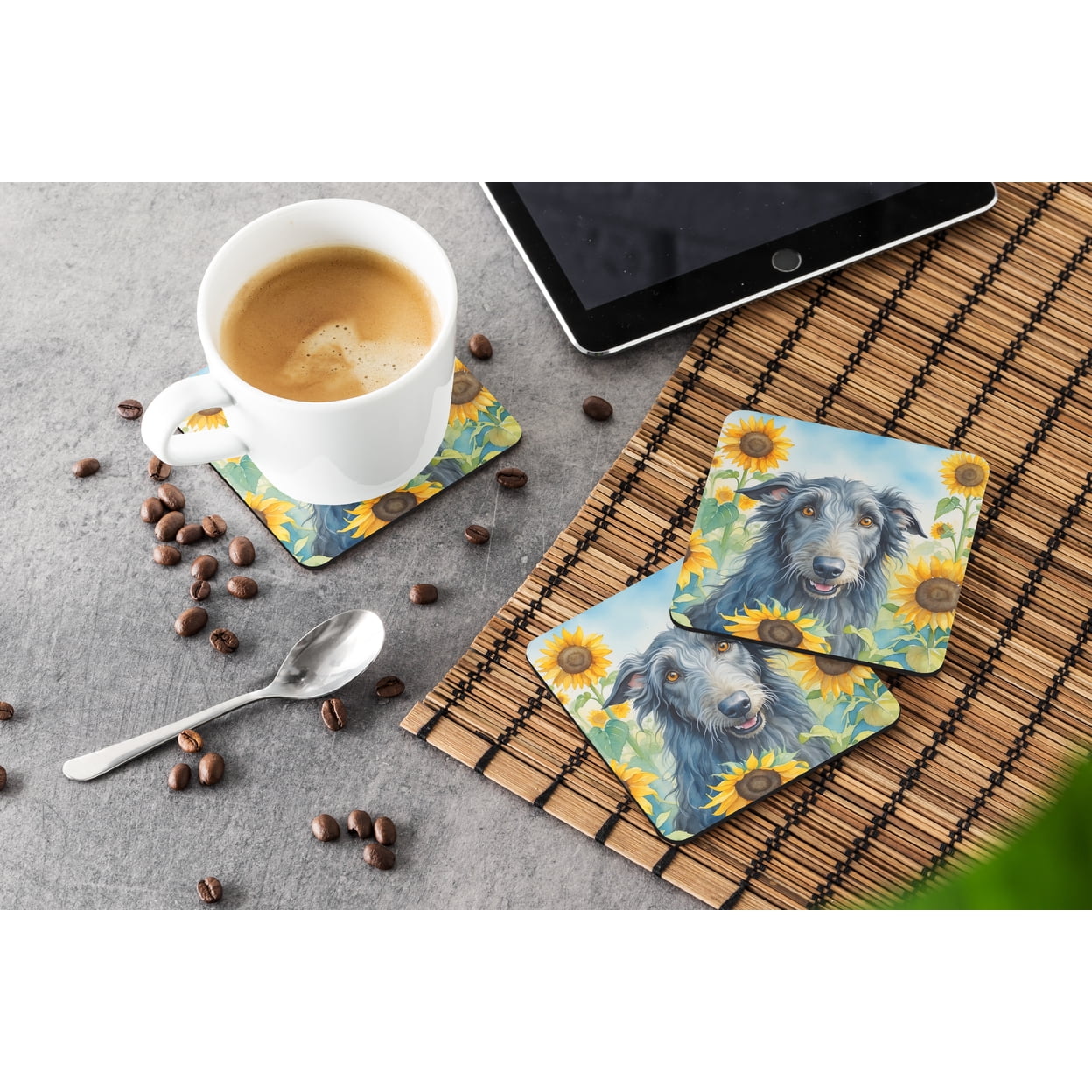 Scottish Deerhound in Sunflowers Foam Coasters 3.5 in x 3.5 in
