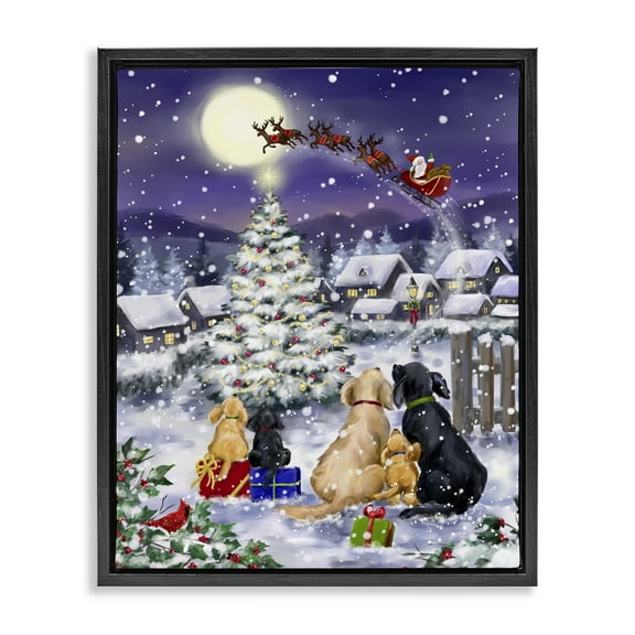 Stupell Industries Dogs Watching Sleigh Holiday Painting Black Floater Framed Art Print Wall Art, 17 x 21