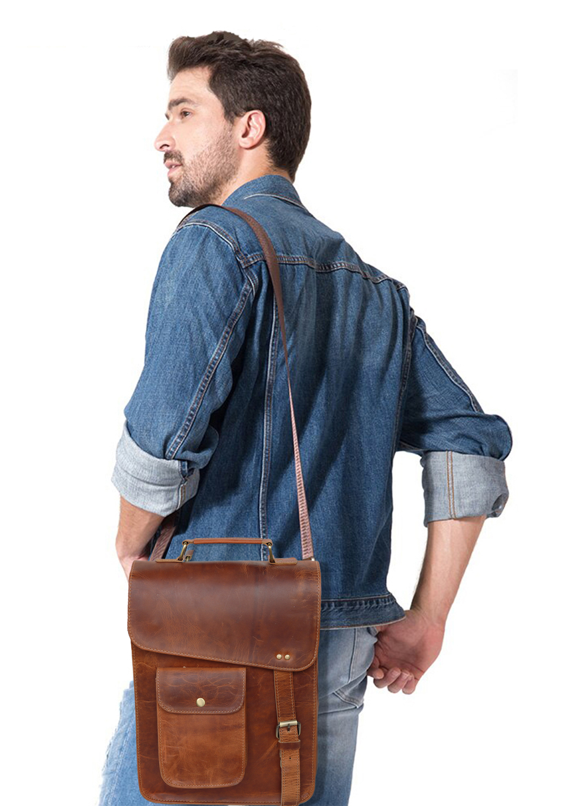 Jaald 13" Leather Satchel Brown Messenger Bag Office Laptop Briefcase for Men Women Cross Body Shoulder Side Purse Travel Work Bag Gift