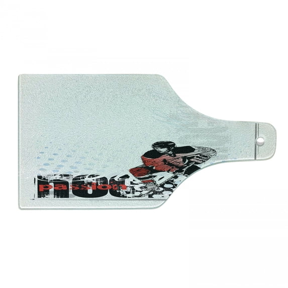 Hockey Cutting Board, Art of a Goalie Playing Sports Passionate Professional Game Theme, Decorative Tempered Glass Cutting and Serving Board, Wine Bottle Shape, Multicolor, by Ambesonne