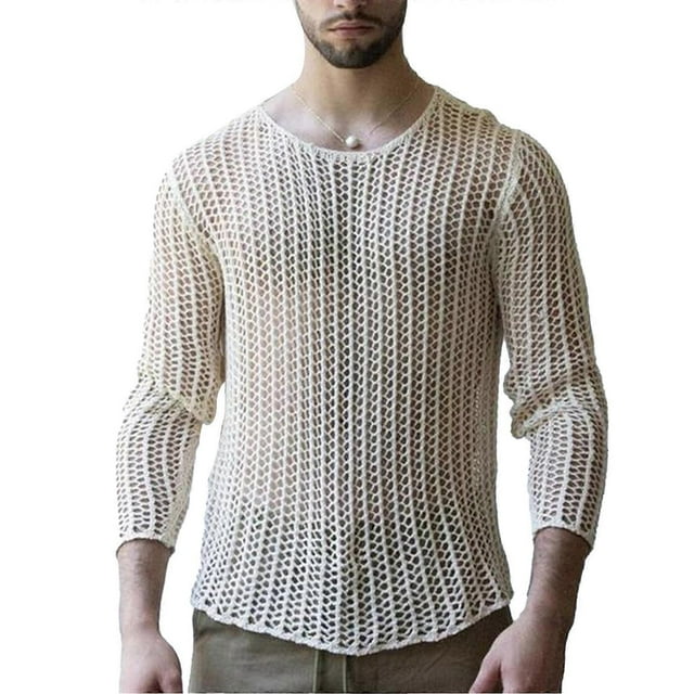 Men Hollow See Through Top Lightweight Grid Pure Color Breathable Long Sleeve Knit Undershirt for Male White S