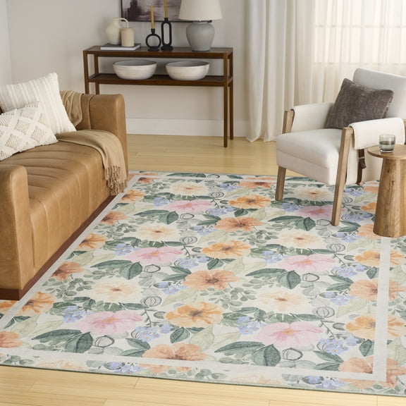 Nourison Botanical Washables 5' x 7' Ivory Multicolor Farmhouse Indoor Rug