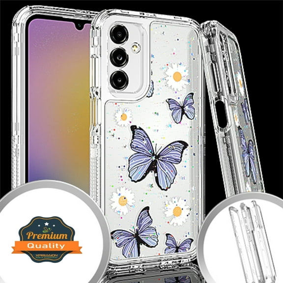 Xpression Cover for Samsung Galaxy A15 5G Heavy Duty Design Fashion Image Clear 3 in 1 Hybrid Shockproof Full Edge Hard PC Front Frame Bumper Phone Case - Butterfly Blue
