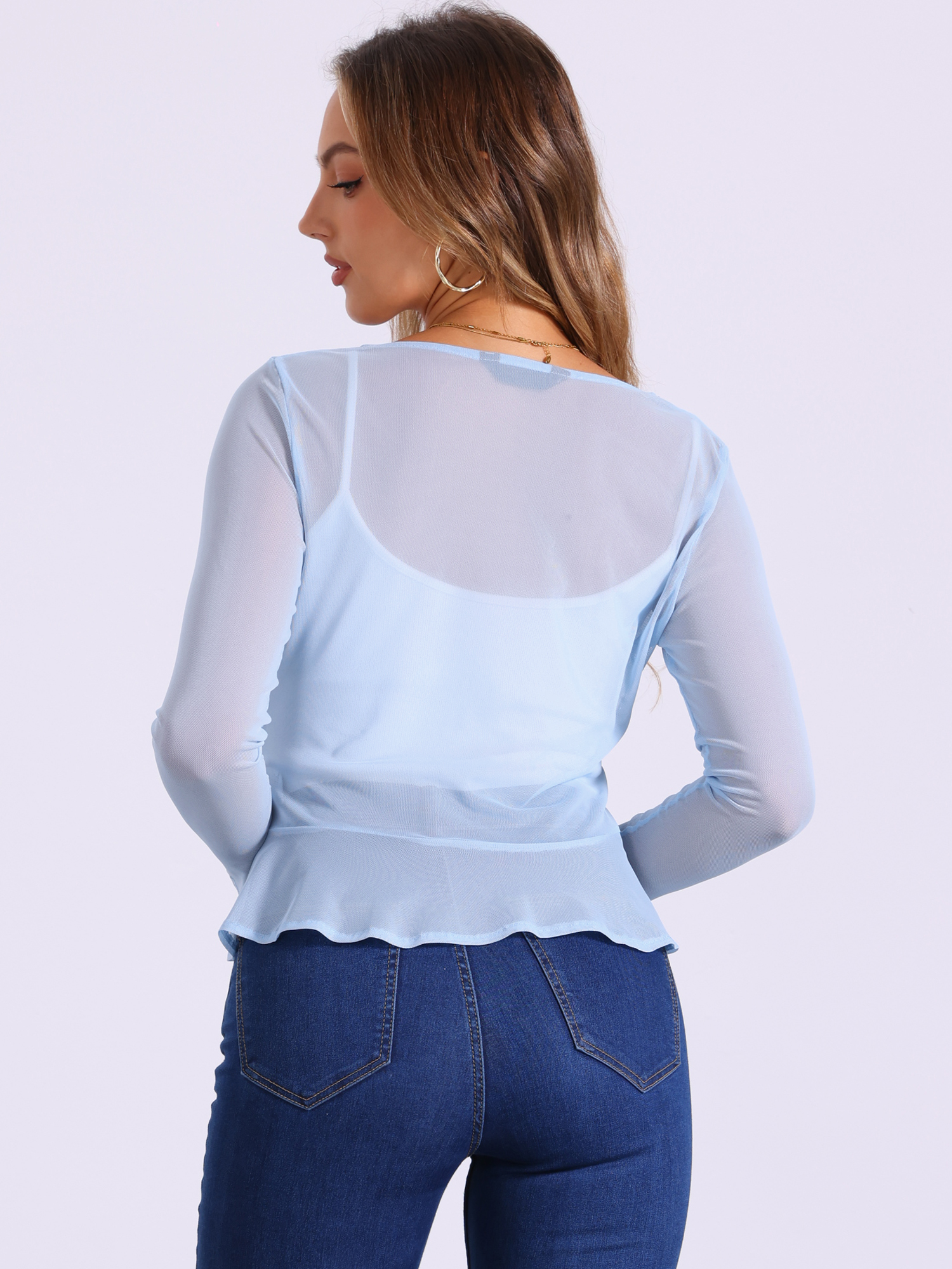 DARING DIVA Women's Ruffle Mesh Shrug Long Sleeves Self Tie Casual Bolero Cardigan L Light Blue