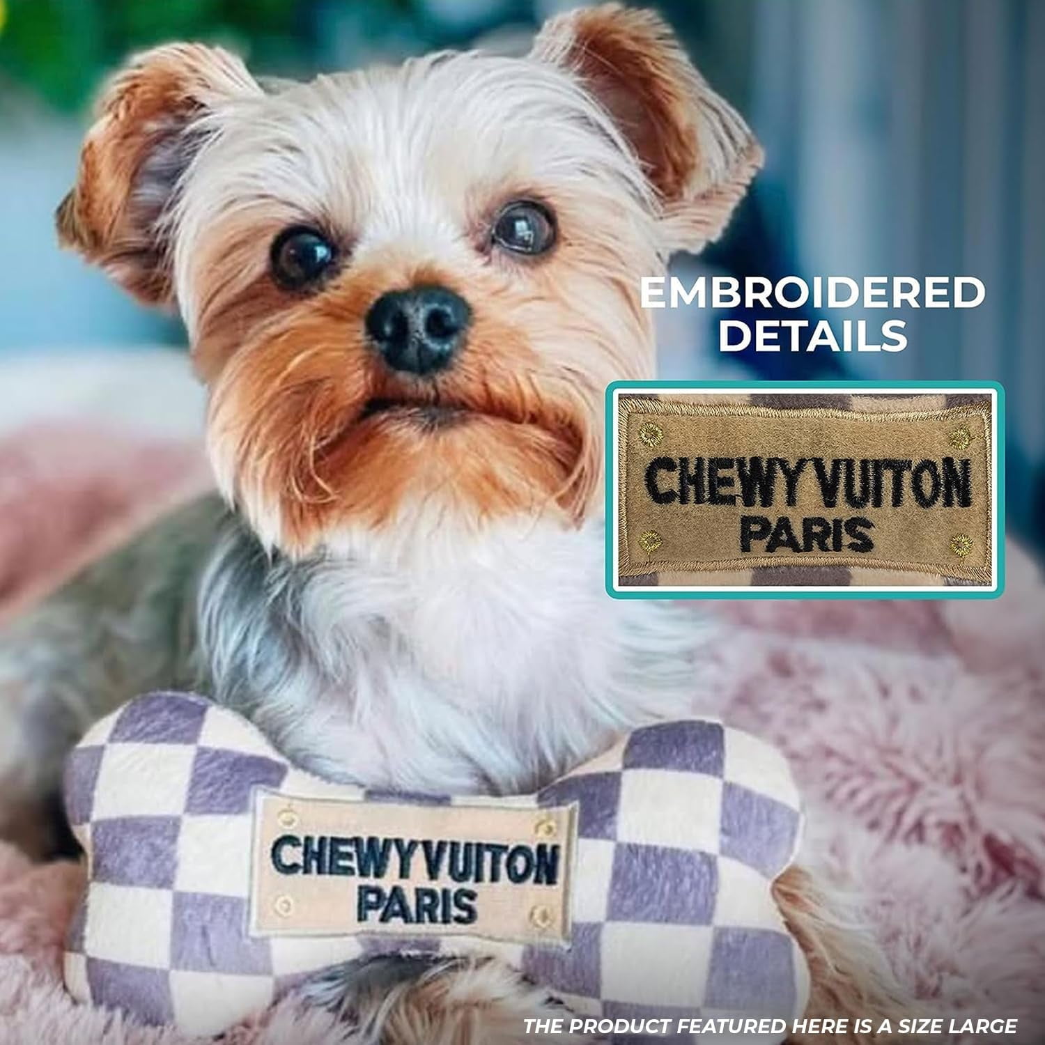 Haute Diggity Dog Checker Chewy Vuiton Bone, Plush Dog Toy with Squeaker, Machine-Washable, for All Breeds, Size Extra Large