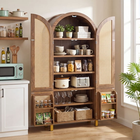 MIDOQIN 71" Tall Wooden Arched Cabinet, 5-Tier Kitchen Pantry Cabinet with 4 Rattan Doors, Adjustable Shelves and Built-In Racks, Walnut