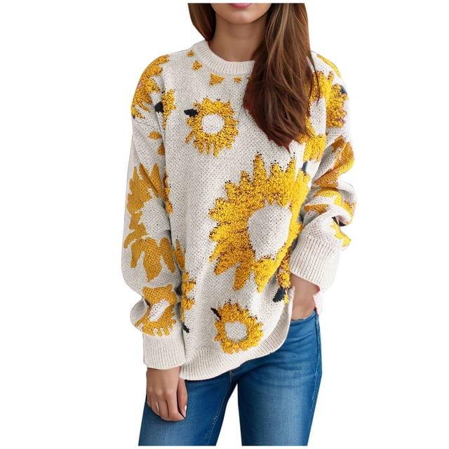 Chandails pour Femmes, Longs Chandails pour Femmes, Chandail Décontracté à Manches Longues et Col Rond pour Femmes