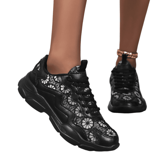 Lace Flower Embroidered Sneakers for Women Platform Sneakers for Women Comfortable Casual Tennis Shoes Lace Up Fashion Walking Shoes
