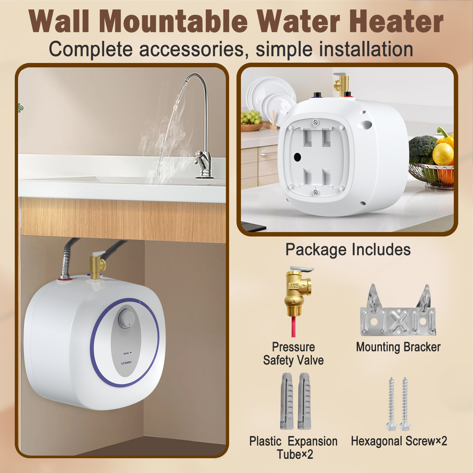 Mini Tank Water Heater Electric, 4 Gallon Point of Use Instant Hot Water for Under Sink, Food Truck, Kitchen, RVs, Wall or Floor Mounted, 120V, 1440W