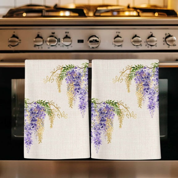 Purple Weeping Floral Kitchen Towels Set of 4, Spring Summer Pastoral Flowers Rustic Absorbent Dish Towels for Kitchen, Microfiber Hand Towel, Quick Drying Tea Towel for Cleaning Dishcloths