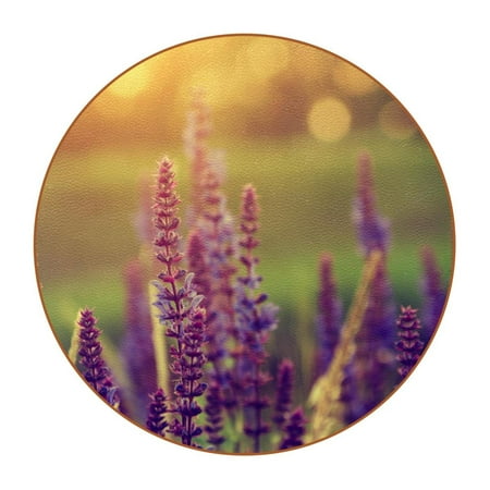 

OWNTA Lavender Purple Flower Pattern Premium Microfiber Leather Round Coasters (6PCS) - 11x11 cm/4.3x4.3 in - Durable & Stylish Cup Mat Set
