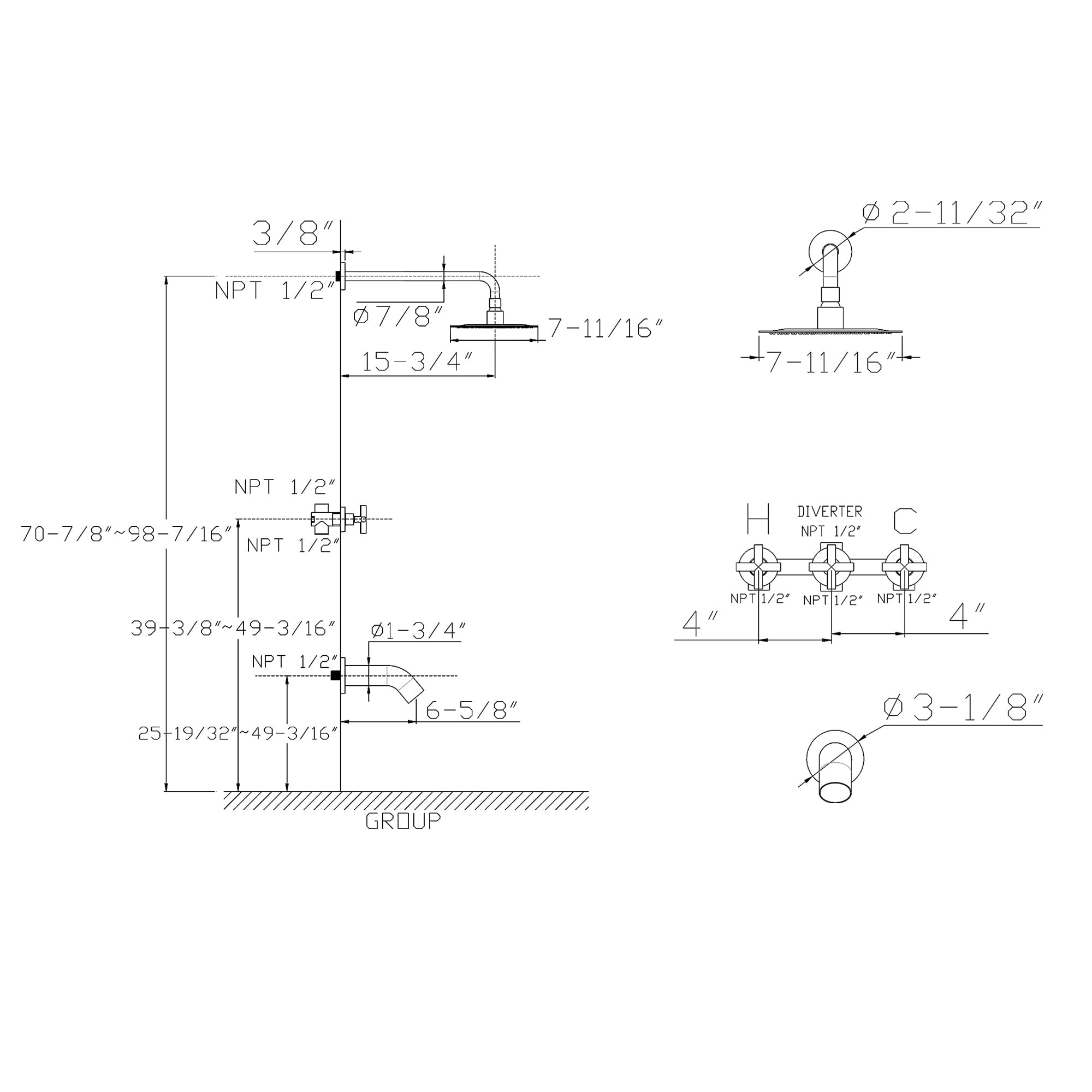 SUMERAIN 3 Handle Shower Faucet Set with Tub Spout and 8" Rain Shower Head, Tub and Shower Trim Kit with Rough-in Valve Chrome