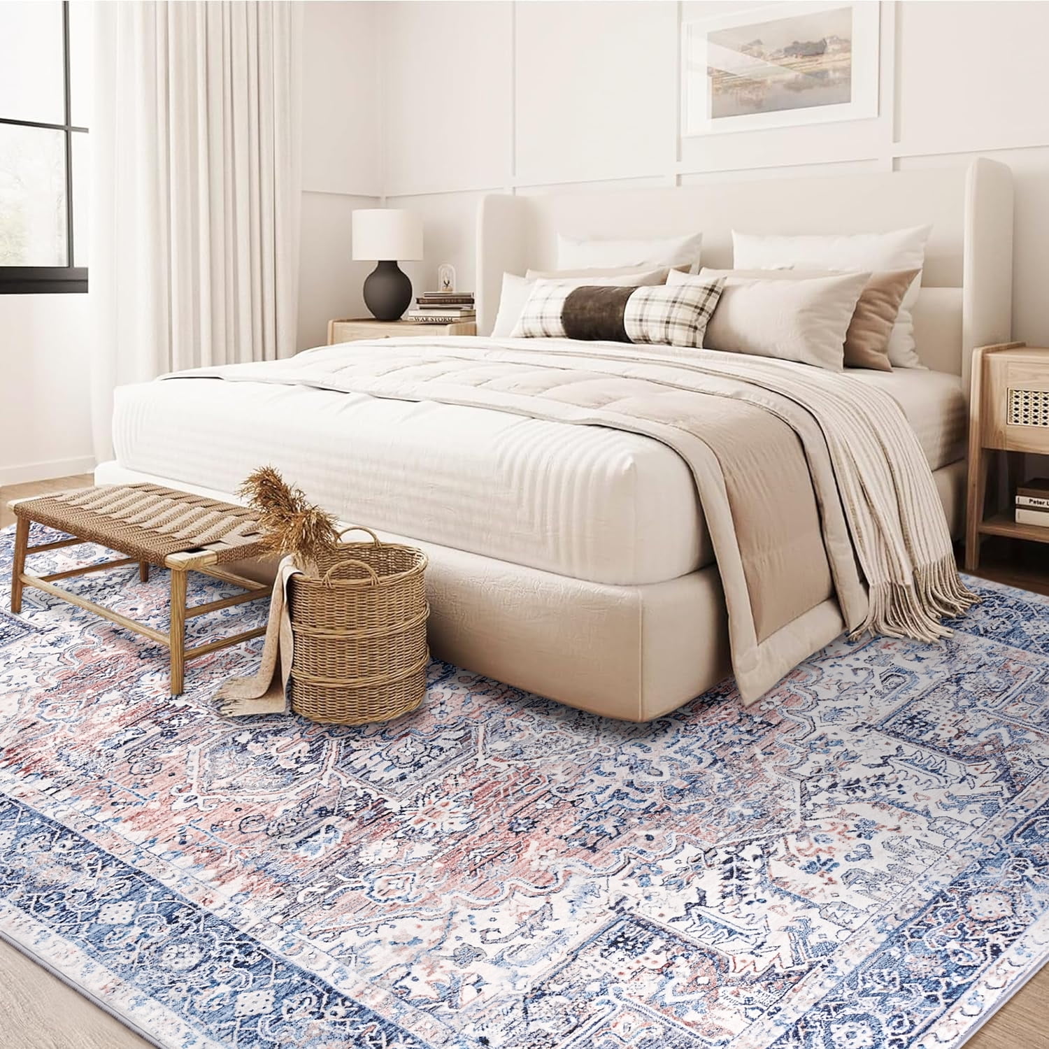 Lochas Vintage Accent Rugs Distressed Print Area Rug Low Pile Carpet for Living Room Bedroom Home Decor,Blue,8'x10'