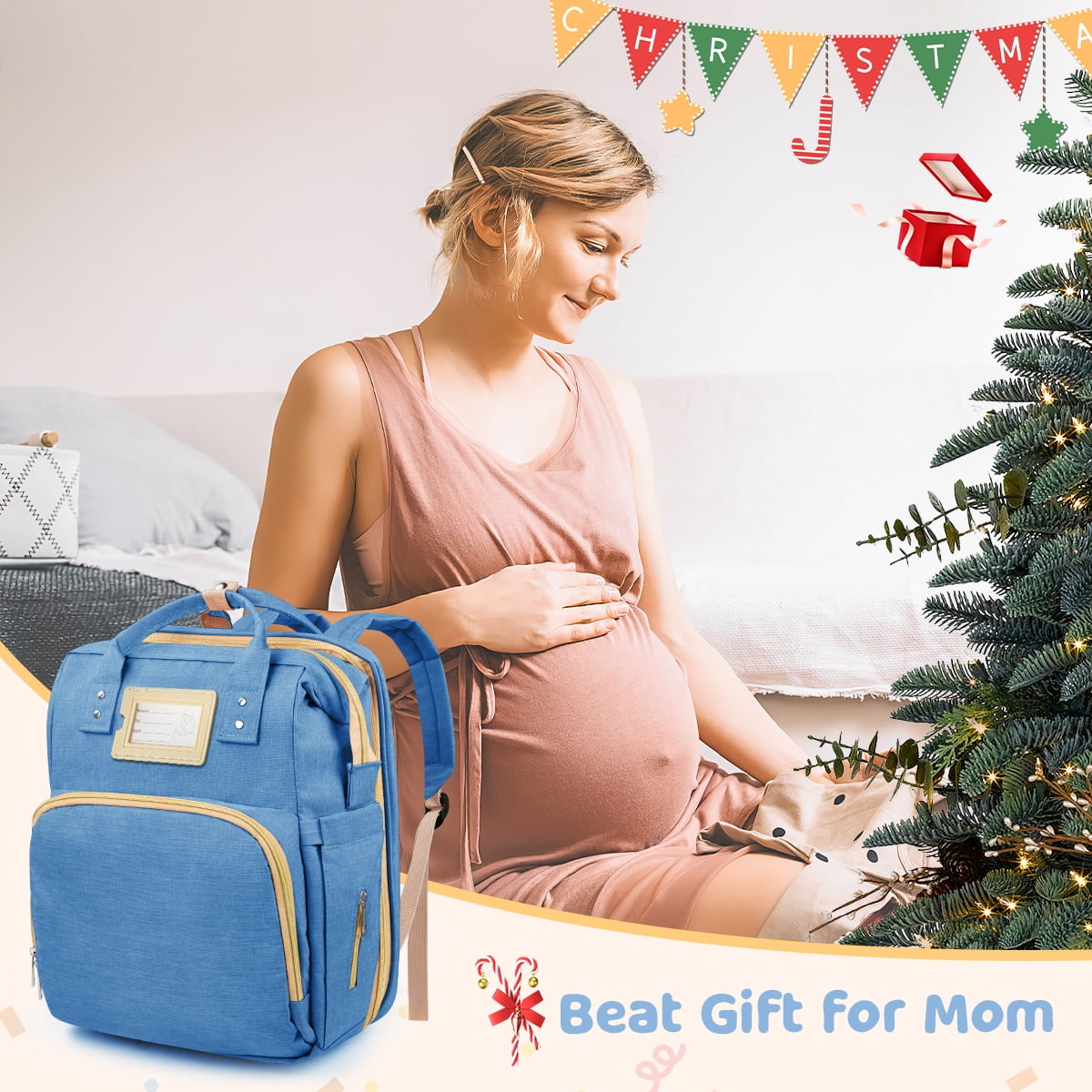 Diaper Bag Backpack, Multifunctional Baby Changing Bag with Foldable Crib & Insulated Milk Bottle Pocket, Large Capacity Travel Backpack with USB Charging Port & Stroller Strap (Blue)