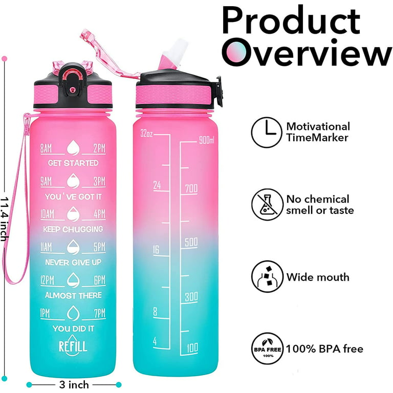 32 oz Glass Water Bottles With Times To Drink and Straw Lid - 1 Liter – FIT  Strong & Healthy