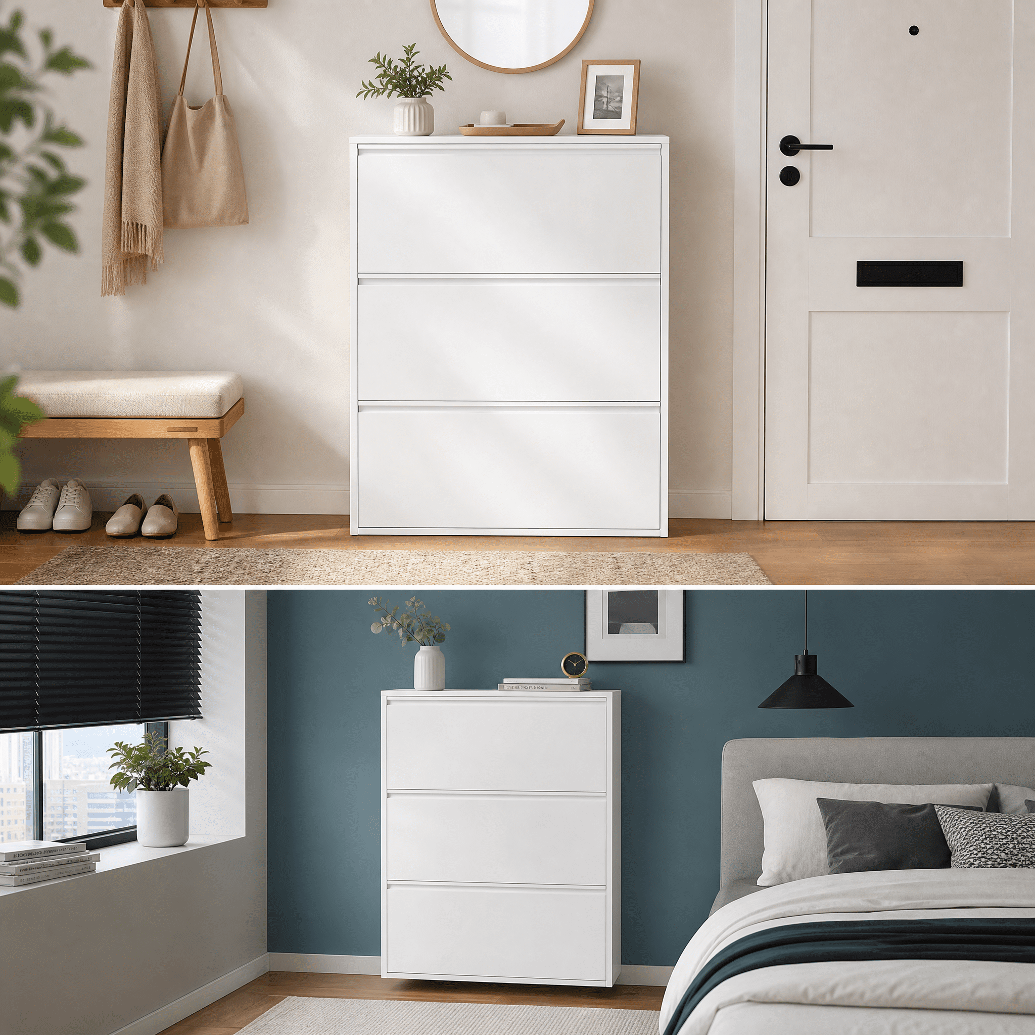 Shoe Cabinet with 3 Flip Drawers, Wall Mounted Shoe Organizer, Narrow Slim Hidden Shoe Rack for Entryway, White