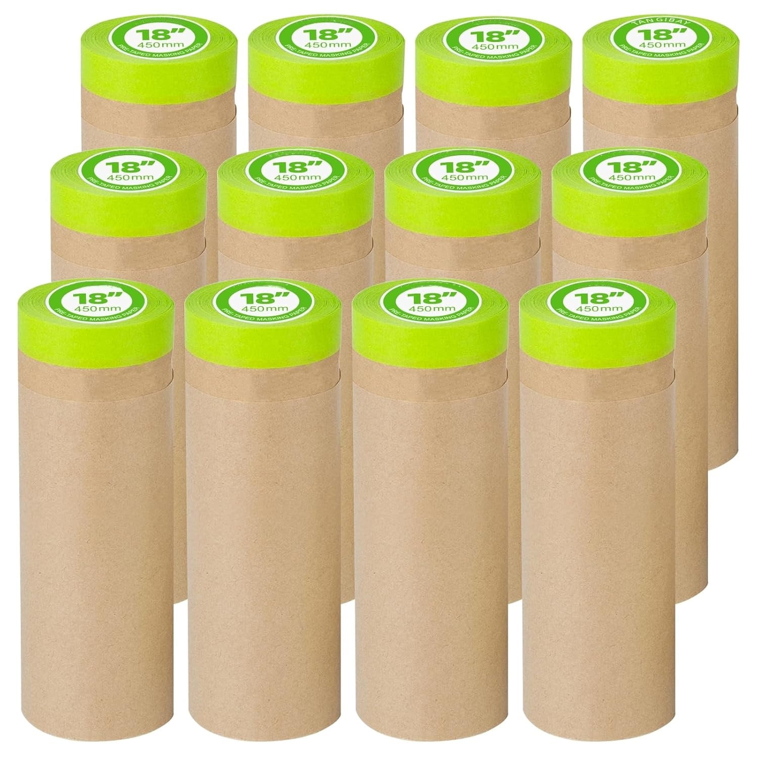 Pre-Taped Masking Paper for Painting - 18 inch x 50 feet Tape and Drape Painters Paper, Paint Adhesive Protective Paper Roll for Covering Skirting, Frames, Cars and Auto Body (12 Rolls)