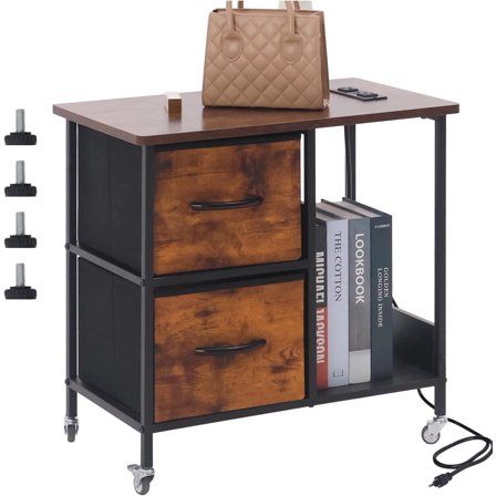 End Table with Charging Station, Side Tables with Wheels, Nightstand with Storage Shelves for Small Space，Bedside Table for Living Room