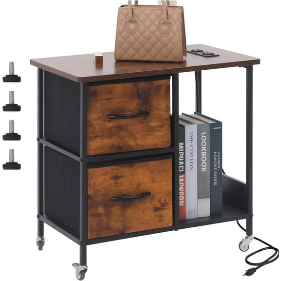 End Table with Charging Station, Side Tables with Wheels, Nightstand with Storage Shelves for Small Space，Bedside Table for Living Room