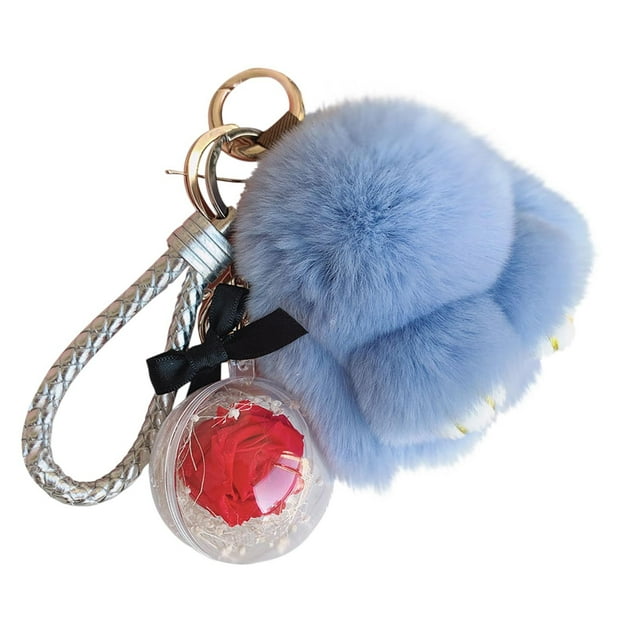 Fwttom Model Handmades Soft Bunny Pompom Charmss Bunny Car Key Chain Pendant Everlasting Flower