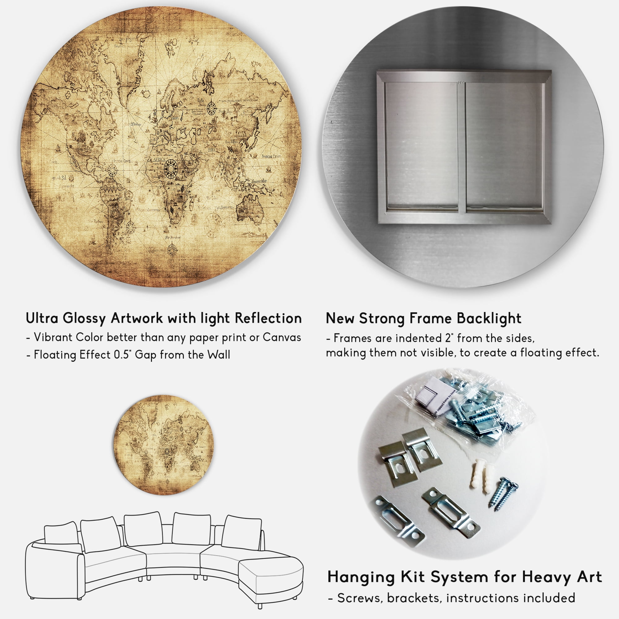 Designart 'Ancient World Map IV' Vintage Circle Metal Wall Art 36x36 - Disc of 36