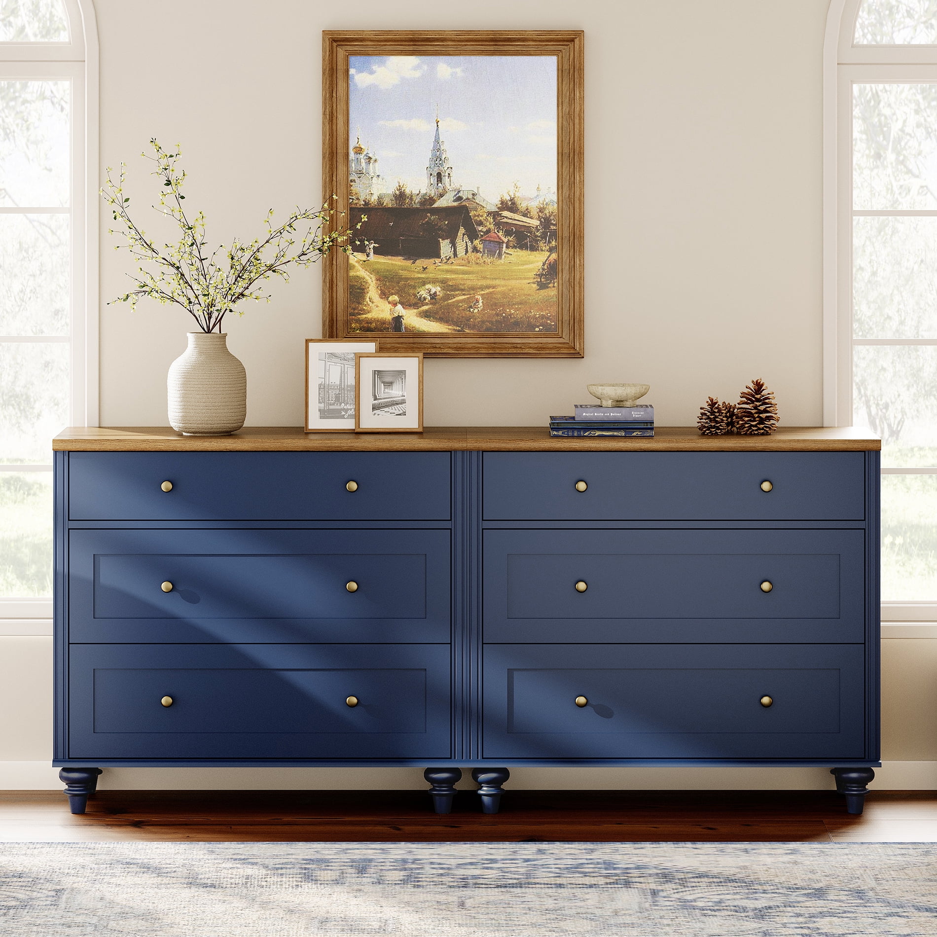 Dresser for Bedroom with 6 Drawers, Kids Dressers with Wide Chest of Drawer, Mid Century Modern Wooden Closet Storage Organizer, Large Wood Dressers for Living Room, Nursery, Hallway, Navy Blue