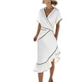 thumbnail image 3 of Oksale Elegant Dresses for Women Wedding Guest Asymmetrical Ruffle Hem V Neck Wrap Dress Cozy Batwing Sleeve Midi Vacation Summer Dresses for Holiday White M, 3 of 8