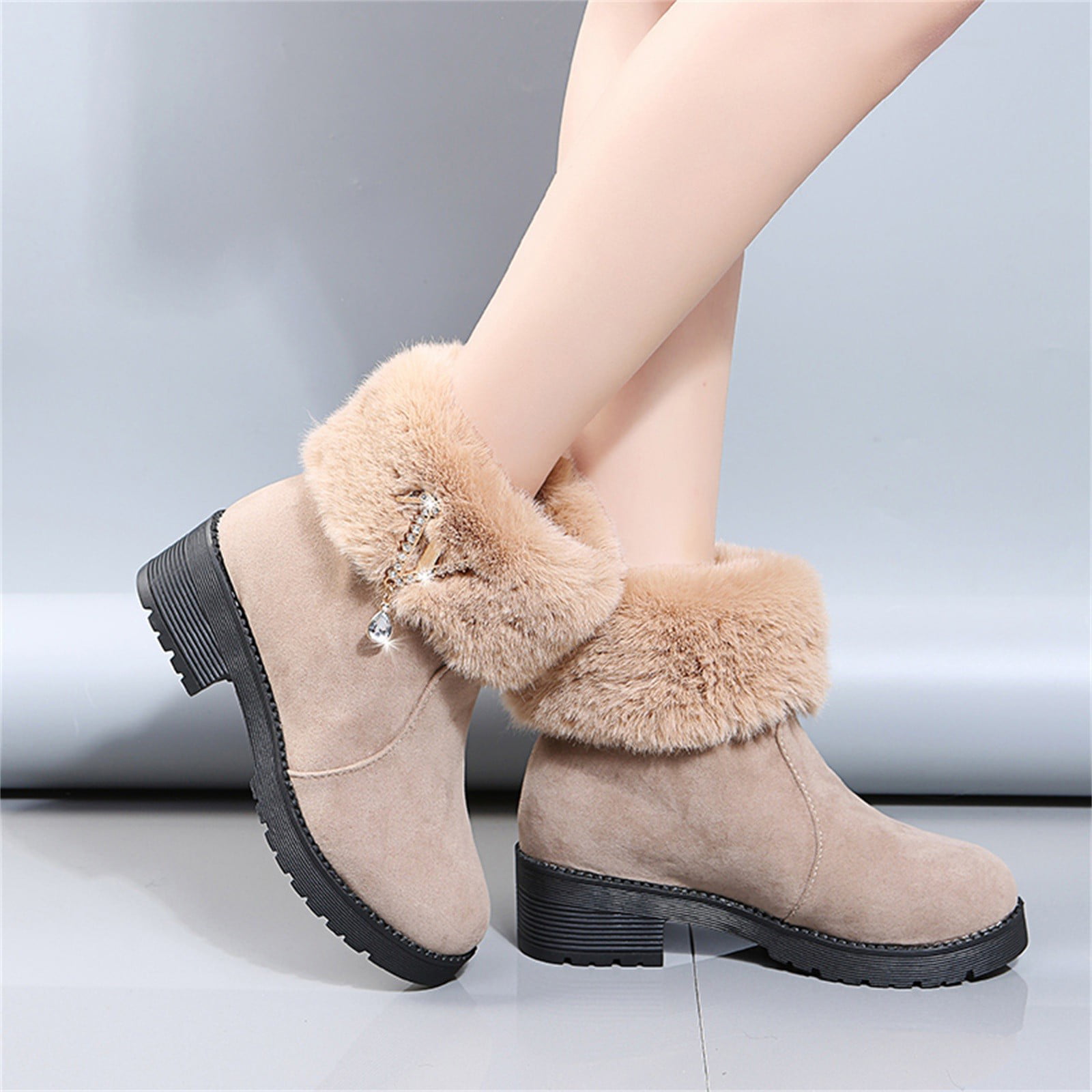 2023 Fashion High Heels Boots Women Winter Shoes Warm Fur Women Snow Boots  Elegant Ladies Ankle Botas Square Heels Color Black Shoe Size 38