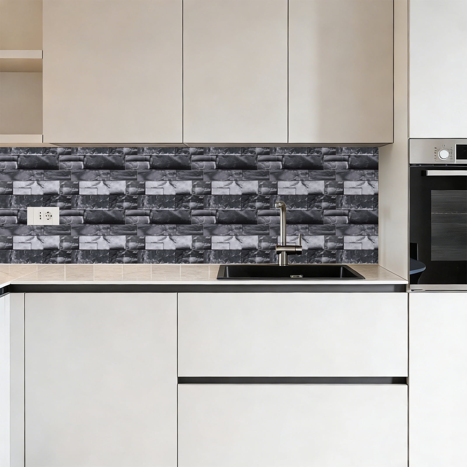 Uxcell 10Pcs Peel and Stick Backsplash Tiles 10.6" x 10.6" 3D Thickened Stone Texture Self-Adhesive Tile Stickers Wallpaper Wall for Kitchen Bathroom Bedroom, Black White Gray