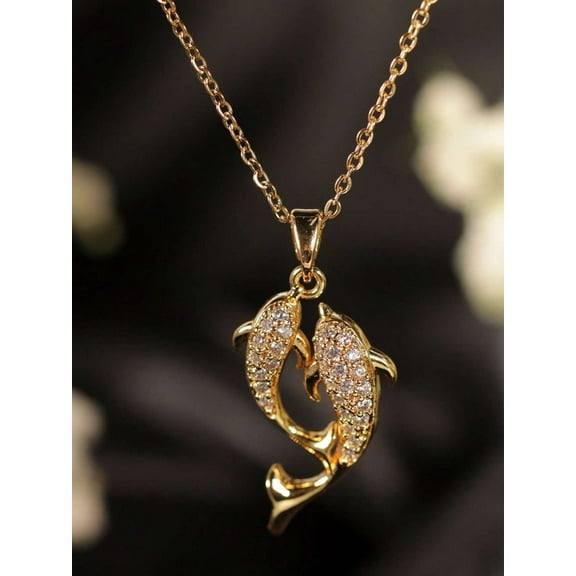 1CT Simulated Diamond 925 Silver Double Dolphin Pendant 14k Yellow Gold Plated