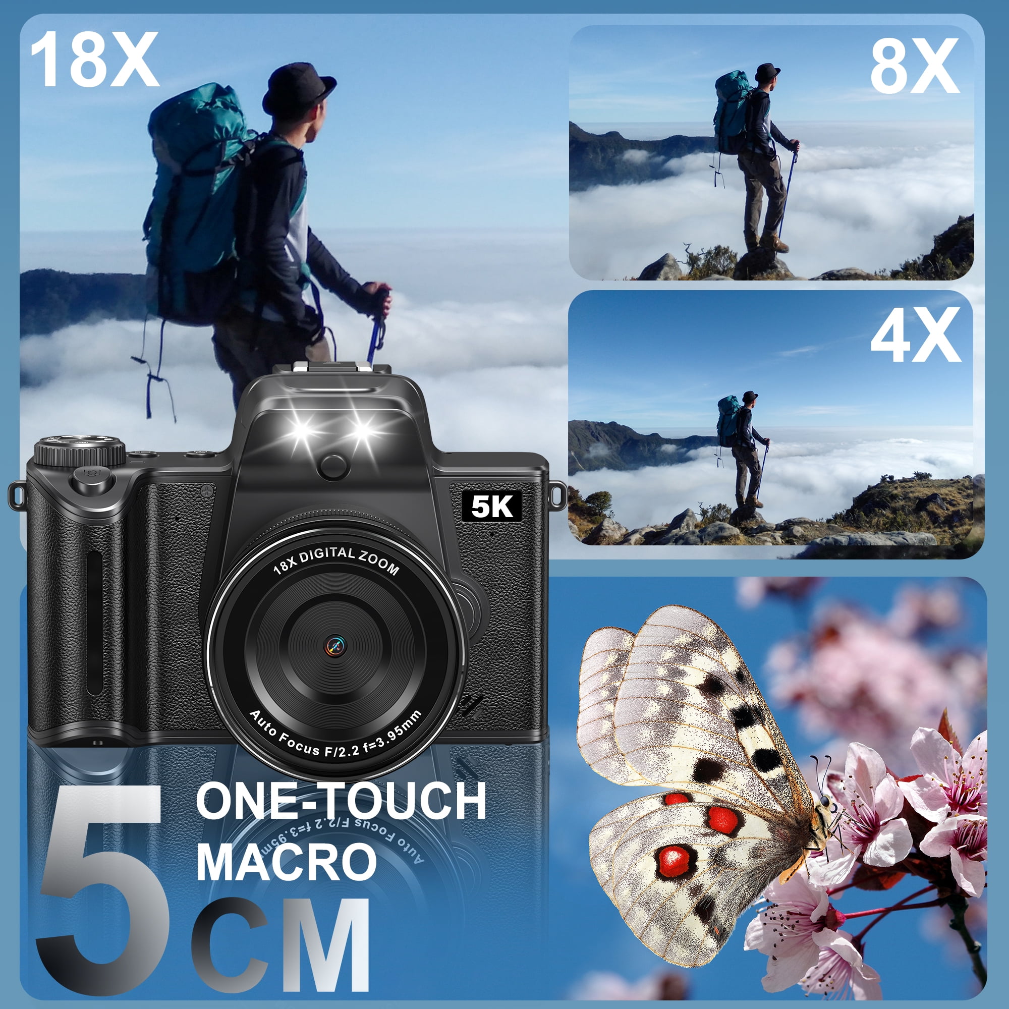 MARVUE Digital Camera with 5K UHD Video, 80MP, 18X Zoom, One-Touch Macro, 32GB SD Card