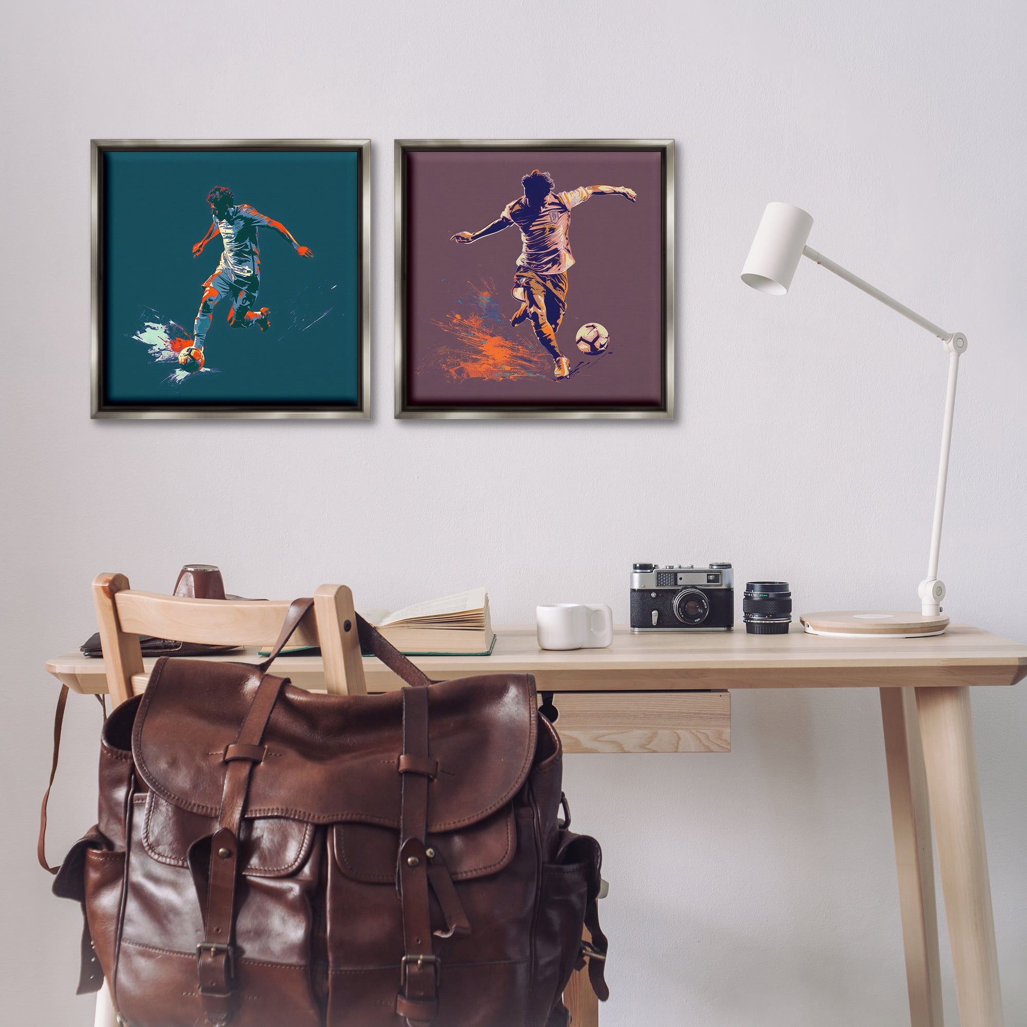 Stupell Industries Kicking Soccer Ball Goal Sports Painting Gray Floater Framed Canvas Art Print Wall Art, 18 x 18, Set of 2