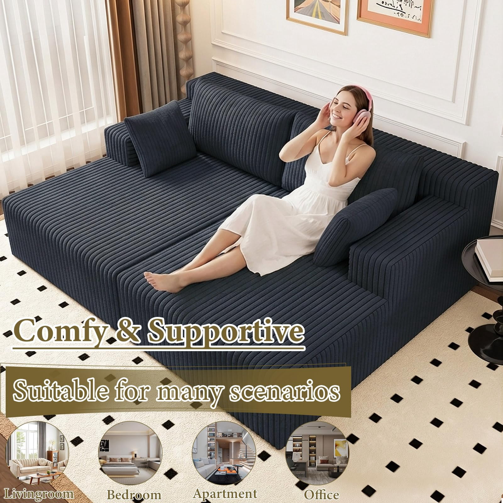 Aukfa 71" Oversized Double Chaise Lounge Indoor, Modular Boneless Cloud Couch Sleeper Loveseat, Deep Seat Corduroy Sofa Bed, No Assembly Required for Living Room Bedroom, Dark Gray